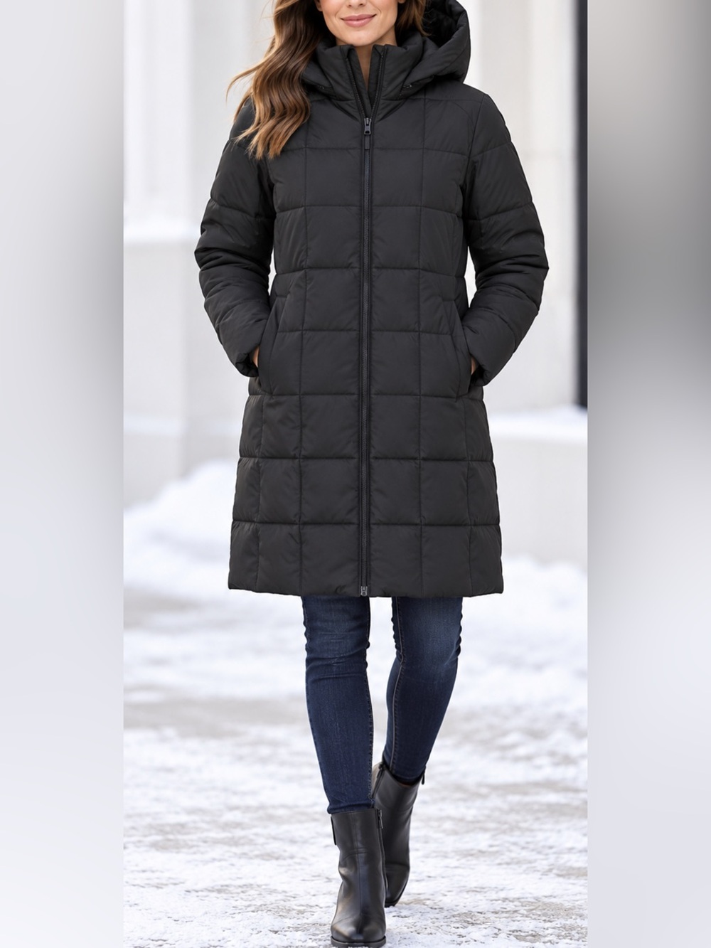 Kenneth Cole Reaction Women’s L Black Down Puffer Coat Hooded Long Jacket